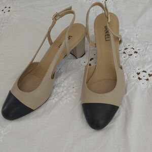 Vaneli Tan and Black Slingback Heels with Adjustable Strap